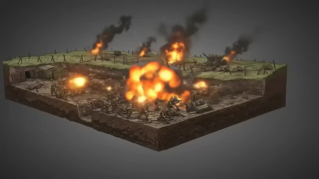 A dramatic battlefield scene with explosions, smoke, and destruction in a war-torn landscape