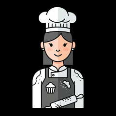 Cartoon Baker Woman with Chef Hat Apron and Rolling Pin.