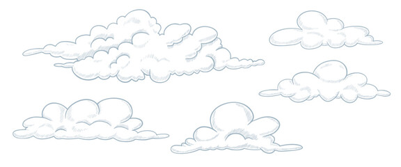 Vector illustration of fluffy Clouds in outline style with linear hatching. Outline pastel blue drawing of mist for sky scenes or dreamy backgrounds. Engraved sketch of weather element. Etched set.