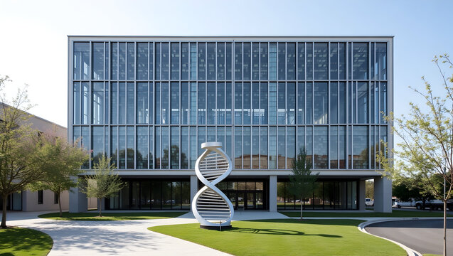 Building University science building with pixel-pattern windows and DNA helix sculpture at the entrance. (2).jpg - Powered by Adobe