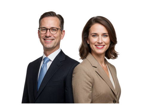 Professional business team of a man and woman smiling together isolated on transparent background
