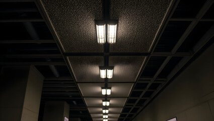 Building Urban ceiling pattern composed of recessed lighting and exposed steel mesh in semi-dark corridor. (4).jpg