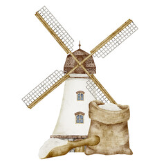 Watercolor illustration of white Windmill, flour sack and scoop on isolated background. Drawing of wind mill for farm, countryside and autumn harvest design. Art for product label.