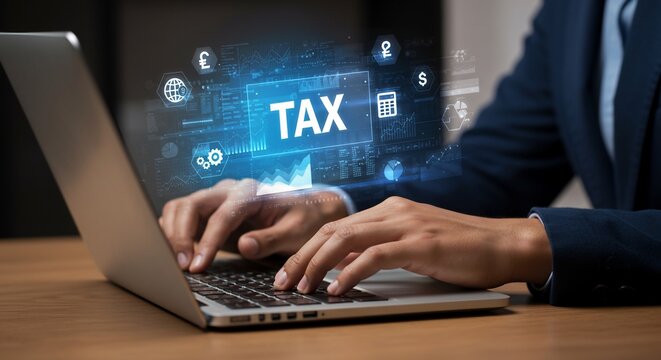 Calculating Taxes: Man Typing on Laptop with Financial Data Overlay