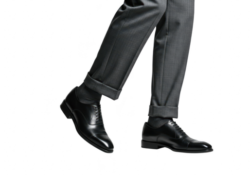A man wearing black leather oxford dress shoes and grey trousers, isolated on a transparent background