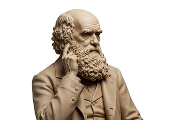 A distinguished bust of an elderly man with a full beard and curly hair, deep in thought isolated on transparent background