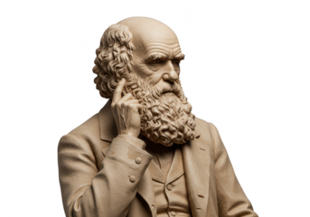 A distinguished bust of an elderly man with a full beard and curly hair, deep in thought isolated on transparent background