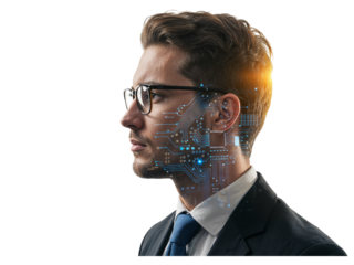 Modern businessman with digital circuit patterns overlaid on his face and neck isolated on transparent background