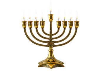 Fototapeta premium A golden menorah with nine lit candles, symbolizing the jewish holiday of hanukkah, isolated on a transparent background