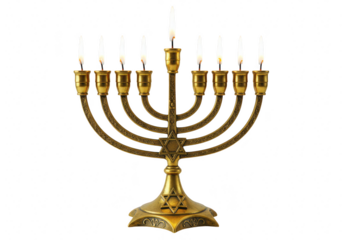A golden menorah with nine lit candles, symbolizing the jewish holiday of hanukkah, isolated on a transparent background