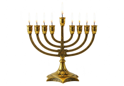 A golden menorah with nine lit candles, symbolizing the jewish holiday of hanukkah, isolated on a transparent background