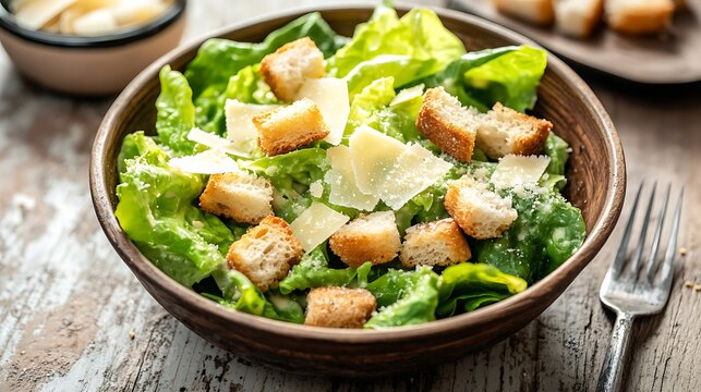 Fresh Caesar Salad with Croutons and Parmesan in a Wooden Bowl
