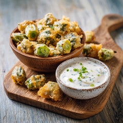 Enjoy a crispy fried okra tempura served with a creamy yogurt sauce perfect for a healthy snack with a vibrant copy space image