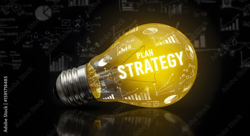 Poster lightbulb with plan strategy text and business graph. idea for innovation. digital statistics on scr
