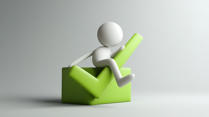A white stick figure sitting atop a green check mark against a light gray background studio shot