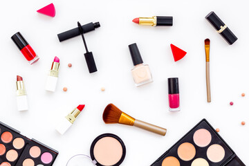 Makeup tools and cosmetics products, top view