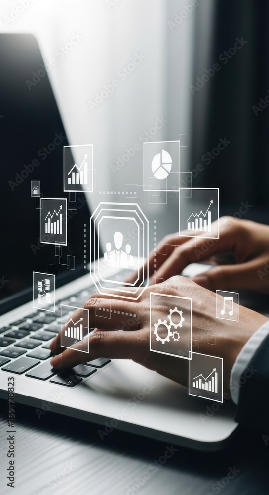 Poster hands typing on laptop with digital interface showing charts and people icons technology data analys