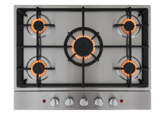 A modern stainless steel gas cooktop with five burners ignited with orange flames, ready for cooking isolated on transparent background