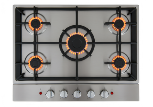 A modern stainless steel gas cooktop with five burners ignited with orange flames, ready for cooking isolated on transparent background
