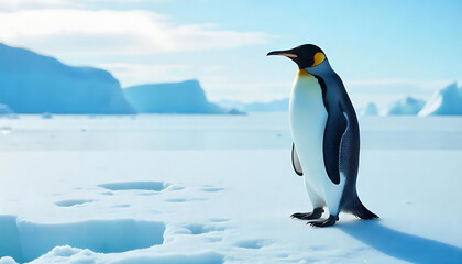 Fototapeta premium An individual penguin standing on an icy landscape with distant icebergs and a bright daytime sky, 4k HD image.