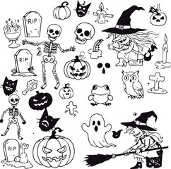 Naklejka premium Funny black and white symbols, including a witch, owl, toad, pumpkin, ghost, skeleton, grave, skull, and cat, are isolated on white in this Vector illustration. 