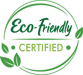 Green eco friendly certified stamp with leaves and dots symbolizing environmental sustainability and natural product approval isolated on transparent background