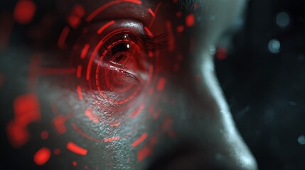 Close-up of a female's eye with a futuristic digital overlay in red hues, reflecting technology and innovation.