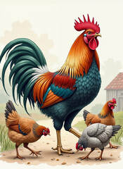 A beautiful illustration of a magnificent rooster and three hens foraging on a farm path. The soft-focus barn in the background adds to the charming, rustic atmosphere of this digital painting.
