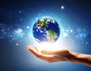 Earth held in a hand in space