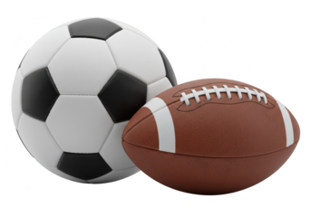 A soccer ball and an american football placed together, representing different sports isolated on transparent background