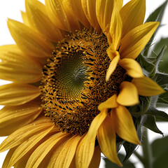 Close-Up Sunflower with Dew Drops on Petals Isolated on White Background
