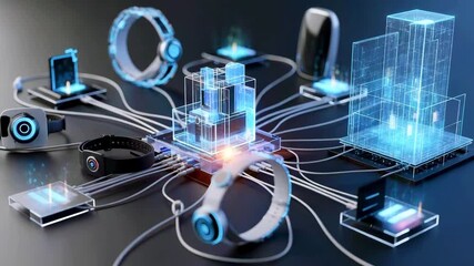 Futuristic technology ecosystem showcasing interconnected devices and holographic data visualization