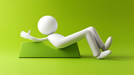 A white stick figure reclines on a green block against a bright green background in a studio shot