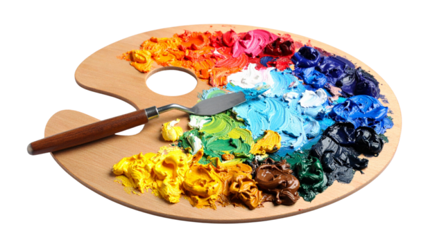 Artist’s palette with mixed oil paints and palette knife, isolated on transparent background PNG