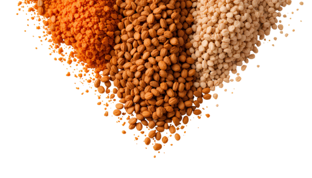 Photograph of Three Piles of Dried Beans in Triangular Arrangement with Orange Beans on Left — Isolated on Transparent Background