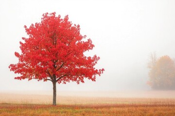 A vibrant red tree stands alone in a misty autumn field, showcasing the beauty of fall.