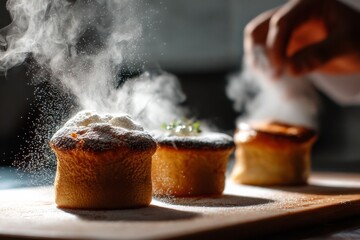 A chef delicately dusting cupcakes with powdered sugar in a warm kitchen setting.