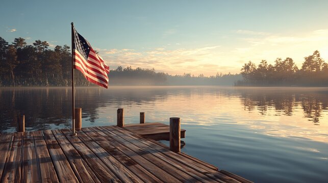 Peaceful Lake Dock with American Flag at Dawn