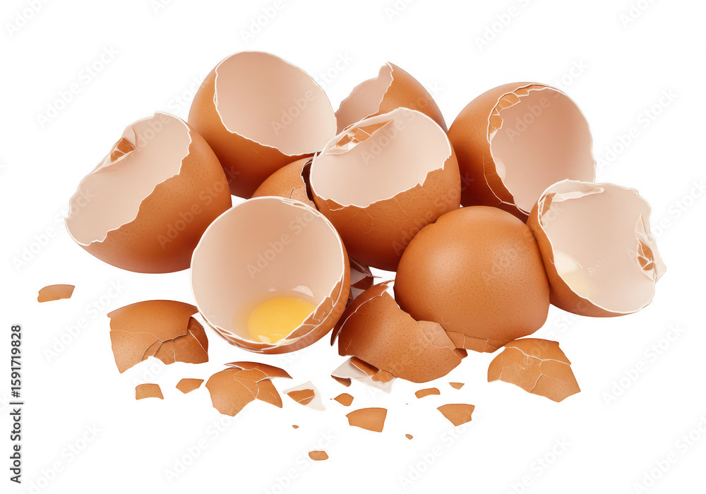 Poster a pile of broken brown eggshells and one intact egg with a visible yolk, isolated on a transparent b