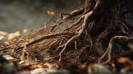 Image of ancient tree roots with autumn leaves