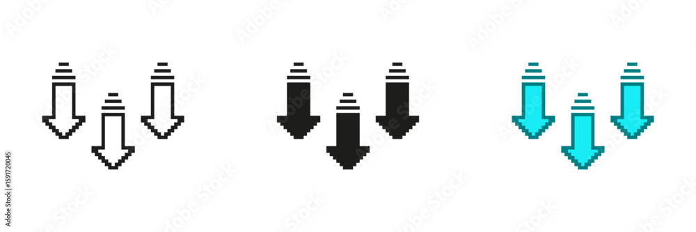 Poster downward arrows pixelated icon set. pixel art symbol of decrease or download. three arrows pointing 