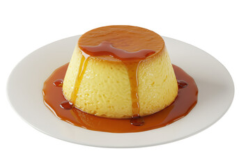 A delicious caramel custard dessert served on a white plate, isolated on transparent background