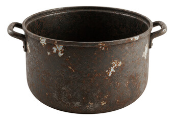 An old, rusty cast iron pot with handles, isolated on transparent background