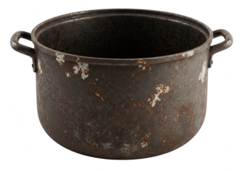 An old, rusty cast iron pot with handles, isolated on transparent background