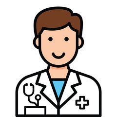 Smiling Doctor in a White Coat with Stethoscope and Cross Symbol.