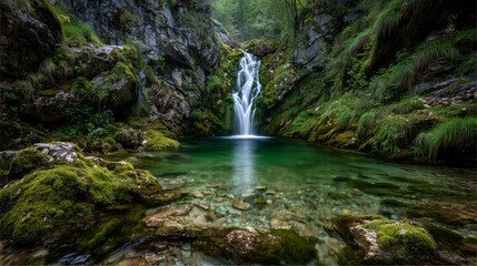 A serene waterfall in a lush green canyon