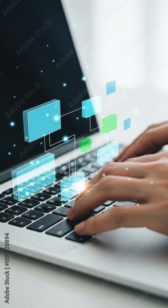 Aufkleber hands typing on laptop with glowing digital flowchart and data points technology