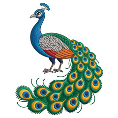 Obraz premium Blue green peacock displaying tail feathers bird plumage