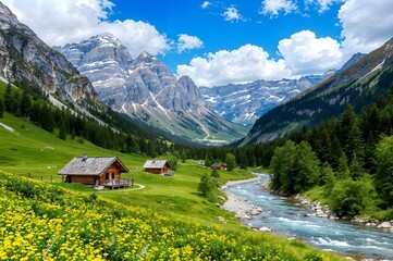 Alpine Tranquility: A picturesque panorama unfolds, where majestic mountains embrace a vibrant valley, revealing a clear, flowing river that weaves through the scene, along with quaint alpine huts.