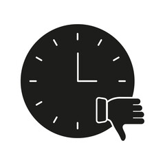 Clock With Thumbs Down Solid Icon. Time Management, Disapproval, And Negative Feedback Silhouette Symbol. Scheduling Issues And Unfavorable Timing. Isolated Vector Illustration